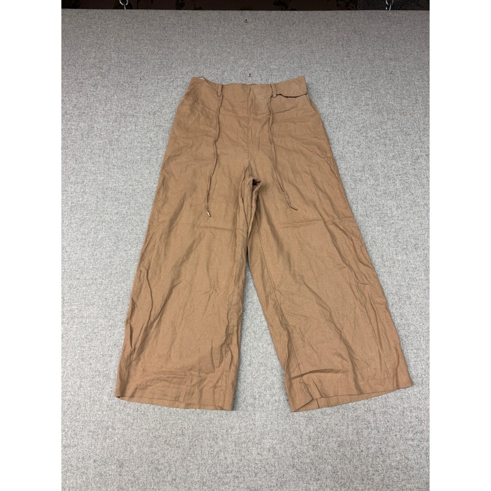 Nine West Wide Leg Linen Blend Pants M Tan Brown High Rise Elastic Back Tie Fron